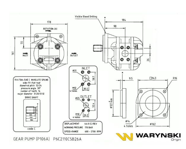 Гидронасос шестеренный Waryński Hydraulika P-106A / P106A  / P2C2110C5B26A /  P6C2110C5B26A / 0802353 для Stalowa Wola L-34, L-34В; Dressta L-34 