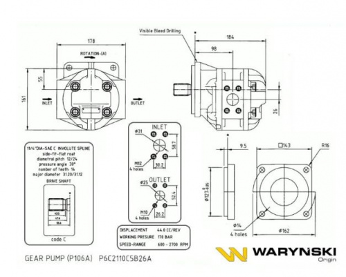 Гидронасос шестеренный Waryński Hydraulika P-106A / P106A  / P2C2110C5B26A /  P6C2110C5B26A / 0802353 для Stalowa Wola L-34, L-34В; Dressta L-34 